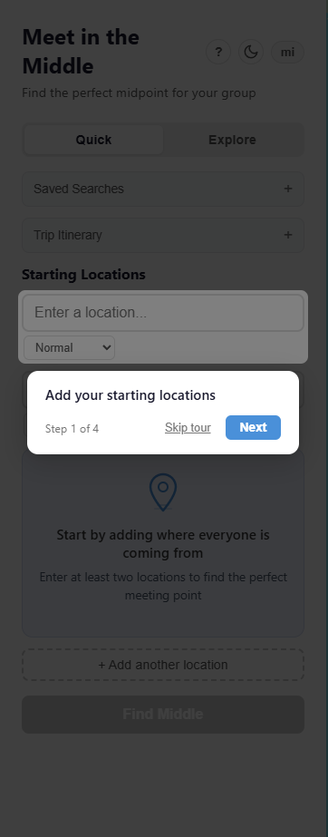 Tutorial screen — add starting locations for your group