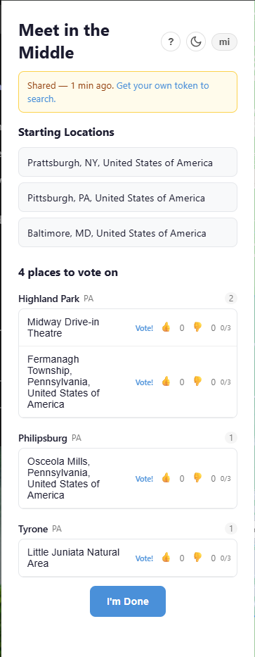 Voting screen — vote on shared places with thumbs up and down