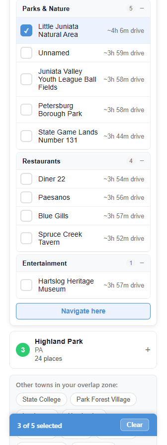 Results screen showing places with drive times for each person